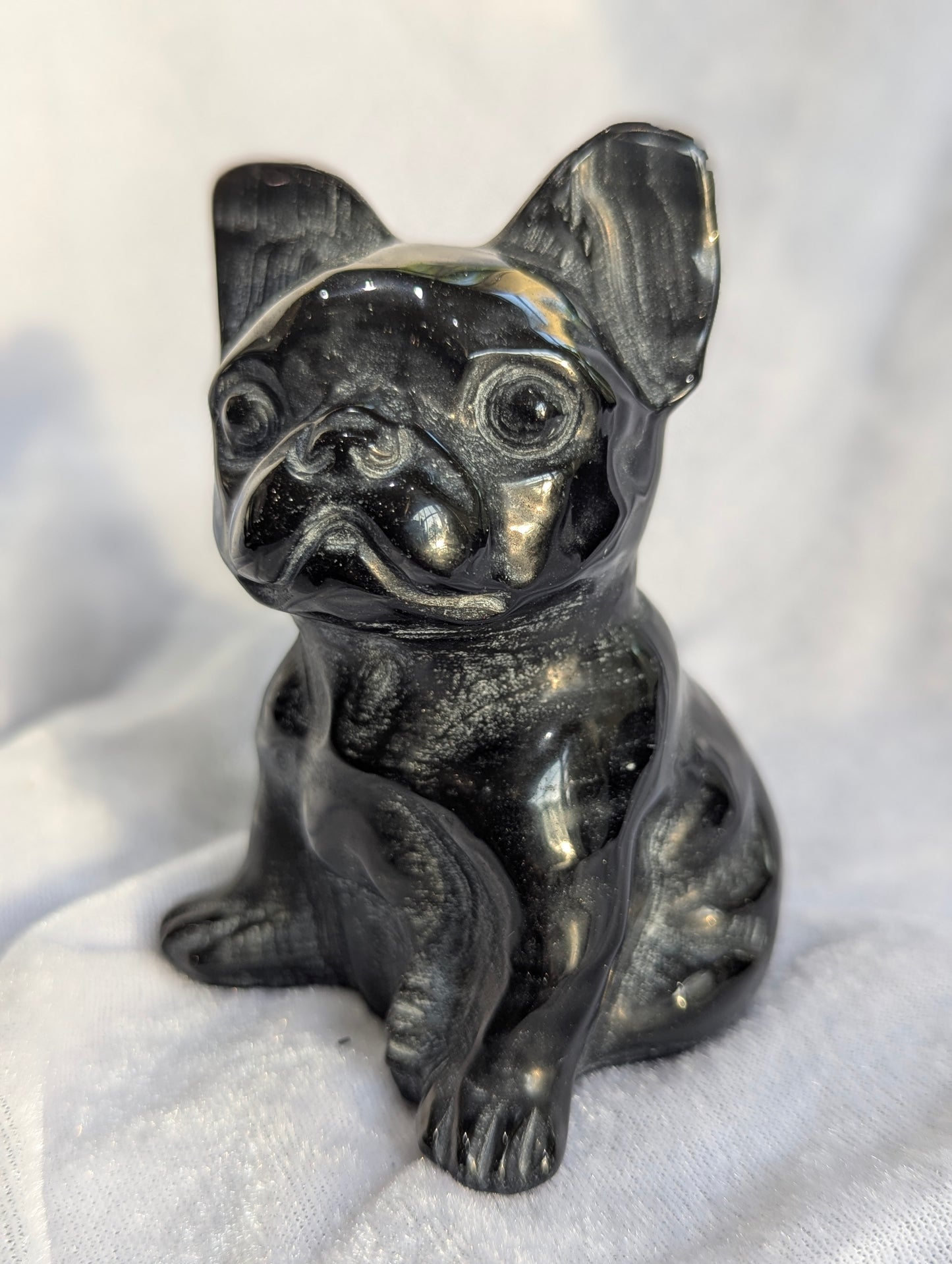 Bkack Obsidian & Milk Jade French Bulldog Mineral Carvings | Truth, Clarity, Loyalty ~ 4", 455g