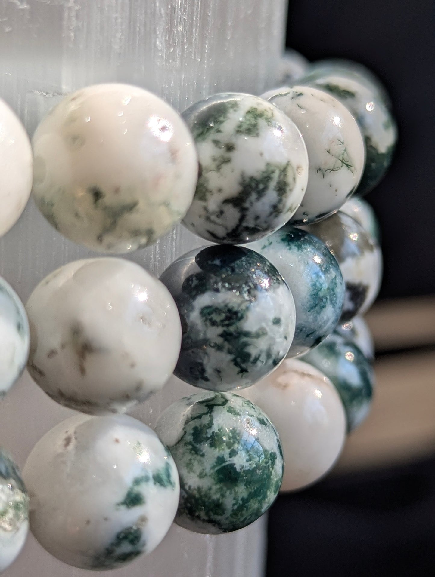 White Moss Agate Bracelet – 8mm & 10mm Polished Round Beads