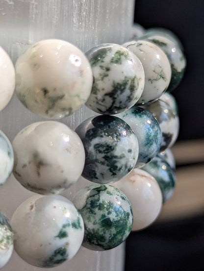 White Moss Agate Bracelet – 8mm & 10mm Polished Round Beads