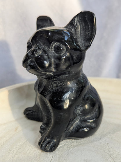 Bkack Obsidian & Milk Jade French Bulldog Mineral Carvings | Truth, Clarity, Loyalty ~ 4", 455g
