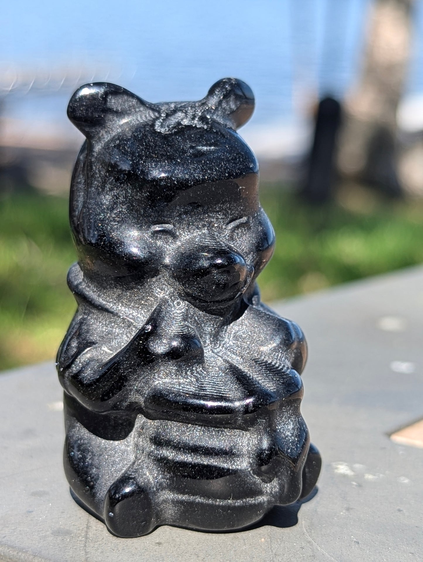 Winnie-the-Pooh with Honey -  Black Obsidian Carving - 2.3"
