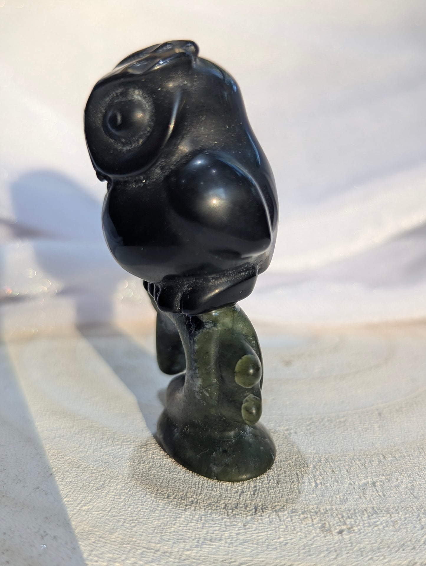 Black Obsidian Owl on Green Jade Tree Carving | wisdom, grounding, solid foundations ~ 2.7in.
