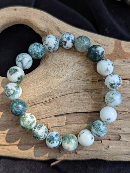 White Moss Agate Bracelet – 8mm & 10mm Polished Round Beads