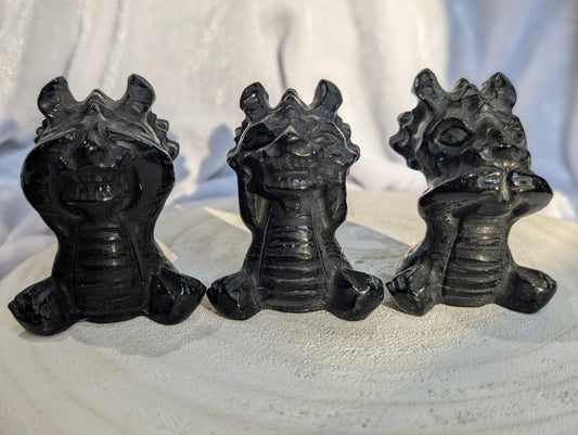Black Obsidian Dragon Trio, "See No Evil, Hear No Evil, Speak No Evil" | Auspiciousness, Wisdom, Mindfulness | ~ 2.5in.