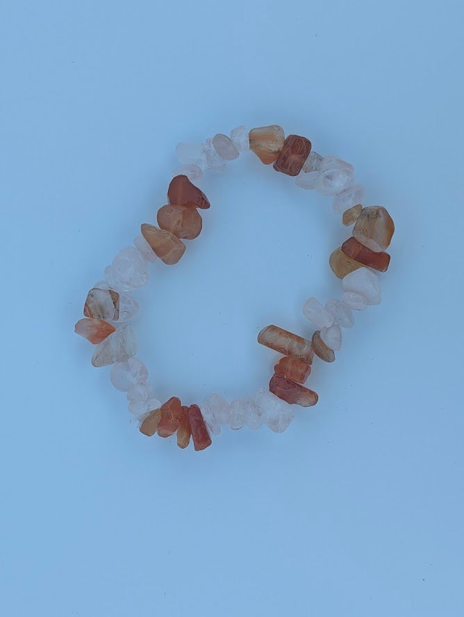 Top view of Rose Quartz & Carnelian chip stretch bracelet