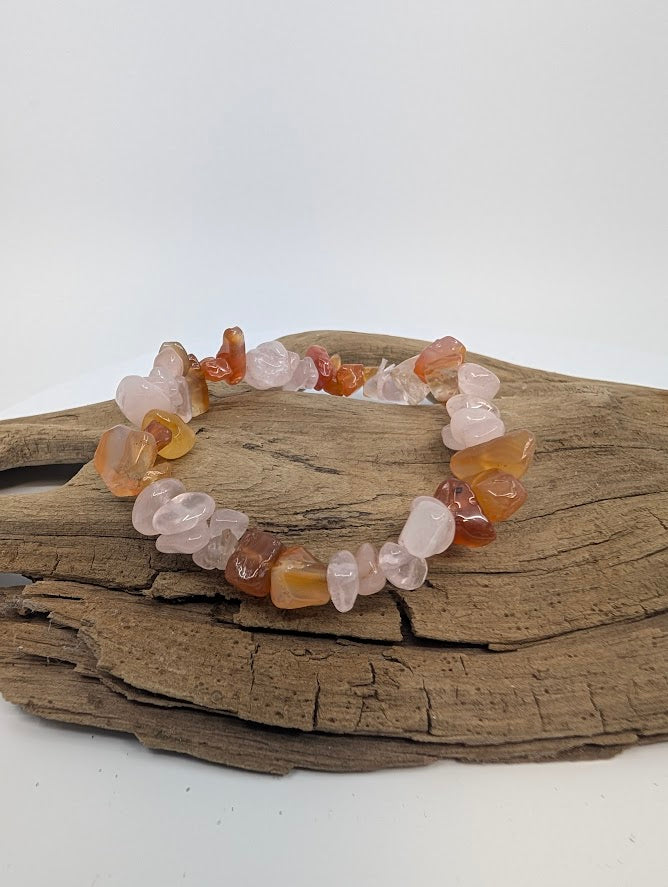 Rose Quartz and Carnelian chip bracelet on driftwood, polished natural stones