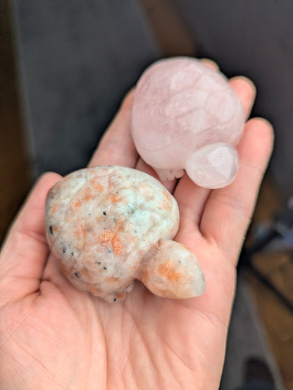 A polished 60mm Sunstone turtle carving and a 60mm Rose Quartz turtle carving held together in an open hand for scale and material comparison.