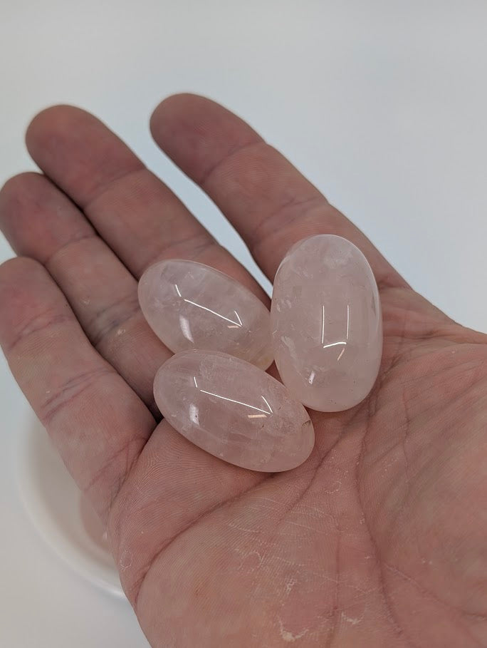 Rose Quartz tumbled stones in hand for size reference