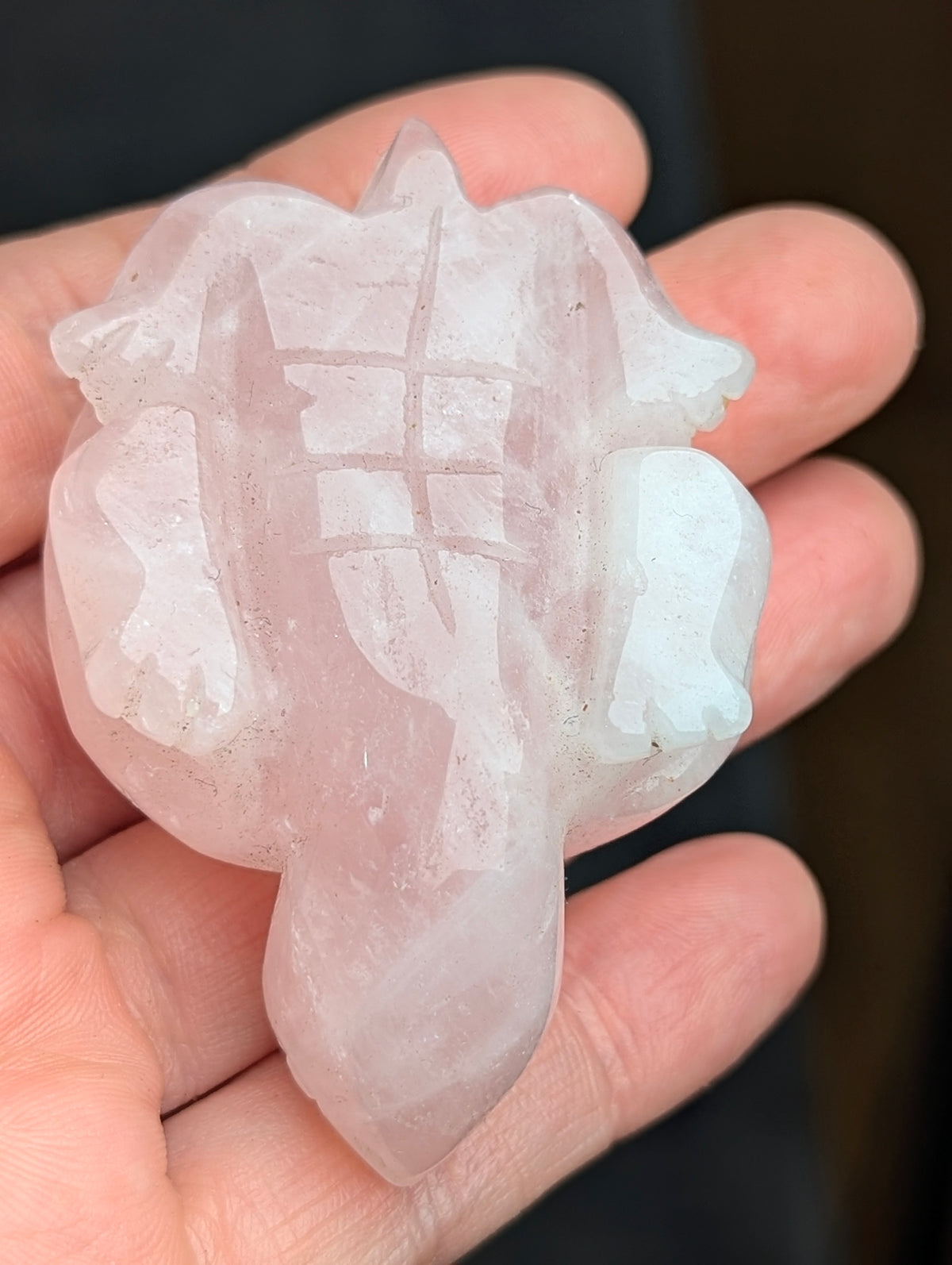 Bottom view of a polished 60mm Rose Quartz turtle carving held in a hand, showing the carved grid details of the plastron.