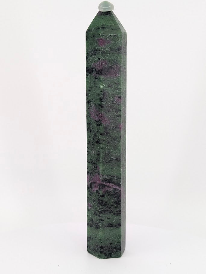 Ruby in Zoisite tower – side angle showing color distribution