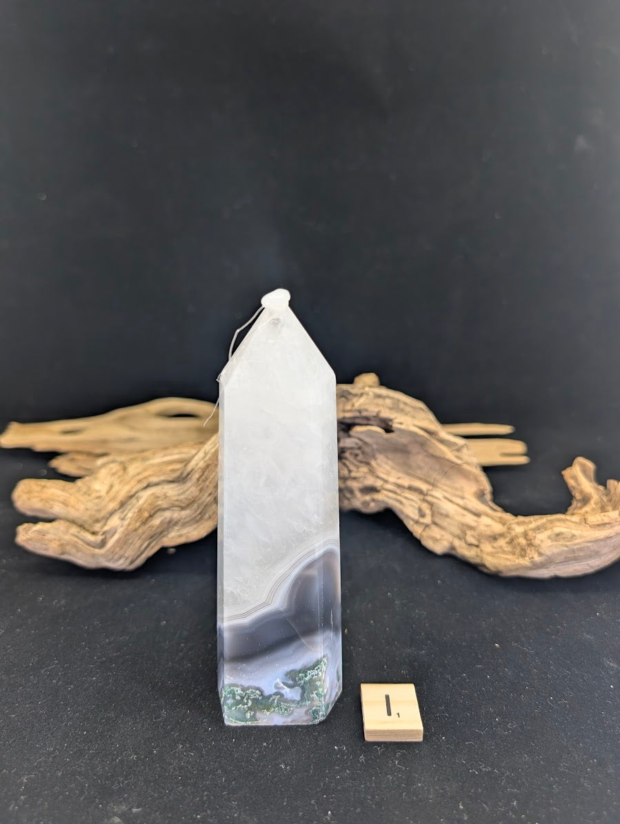 Front view of Variant I (305g/13cm) with high translucency misty chalcedony.