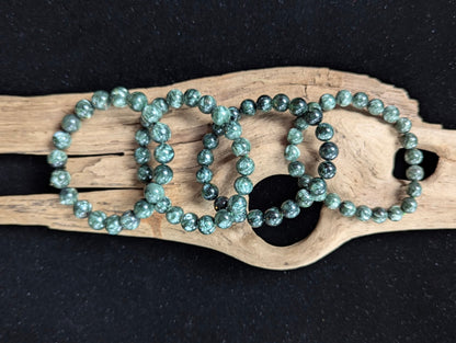 Assorted sizes of Seraphinite (Clinochlore) Bracelets arranged horizontally on a piece of natural driftwood.