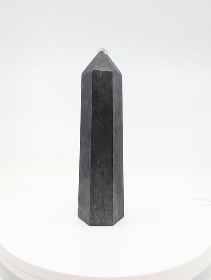 Deep black polished Shungite tower from Karelia Russia – 535g energy protection crystal