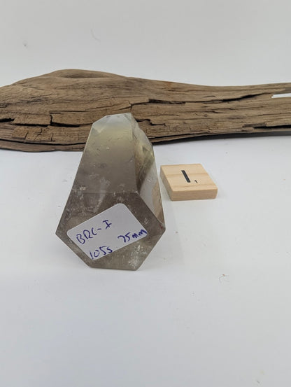 Polished Smoky Citrine tower Piece I from Brazil showing its 105g and 75mm measurement label.