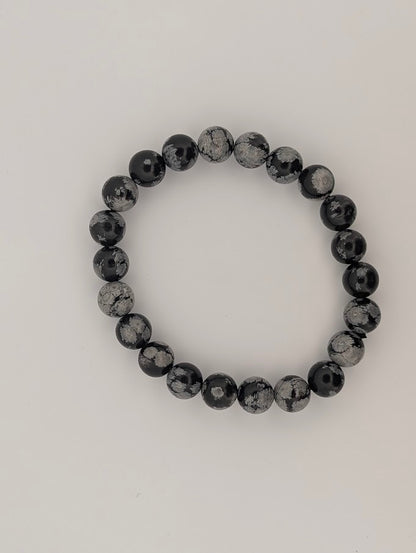 8MM Snowflake Obsidian bracelet in polished round beads