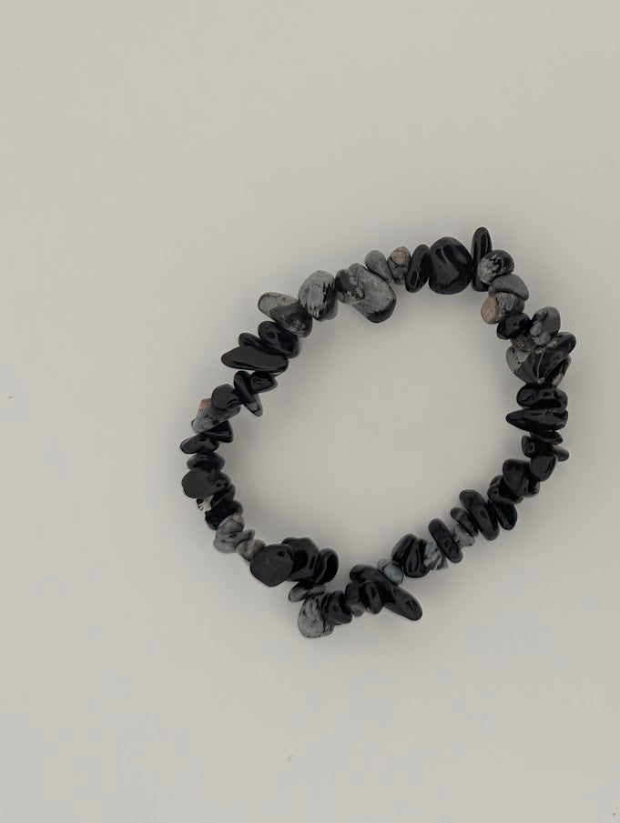 Natural Snowflake Obsidian chip bracelet in freeform beads