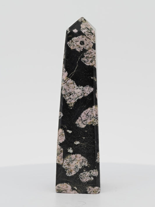 Polished Snowflake Obsidian tower from Pakistan featuring dense grey and pinkish cristobalite snowflake patterns.