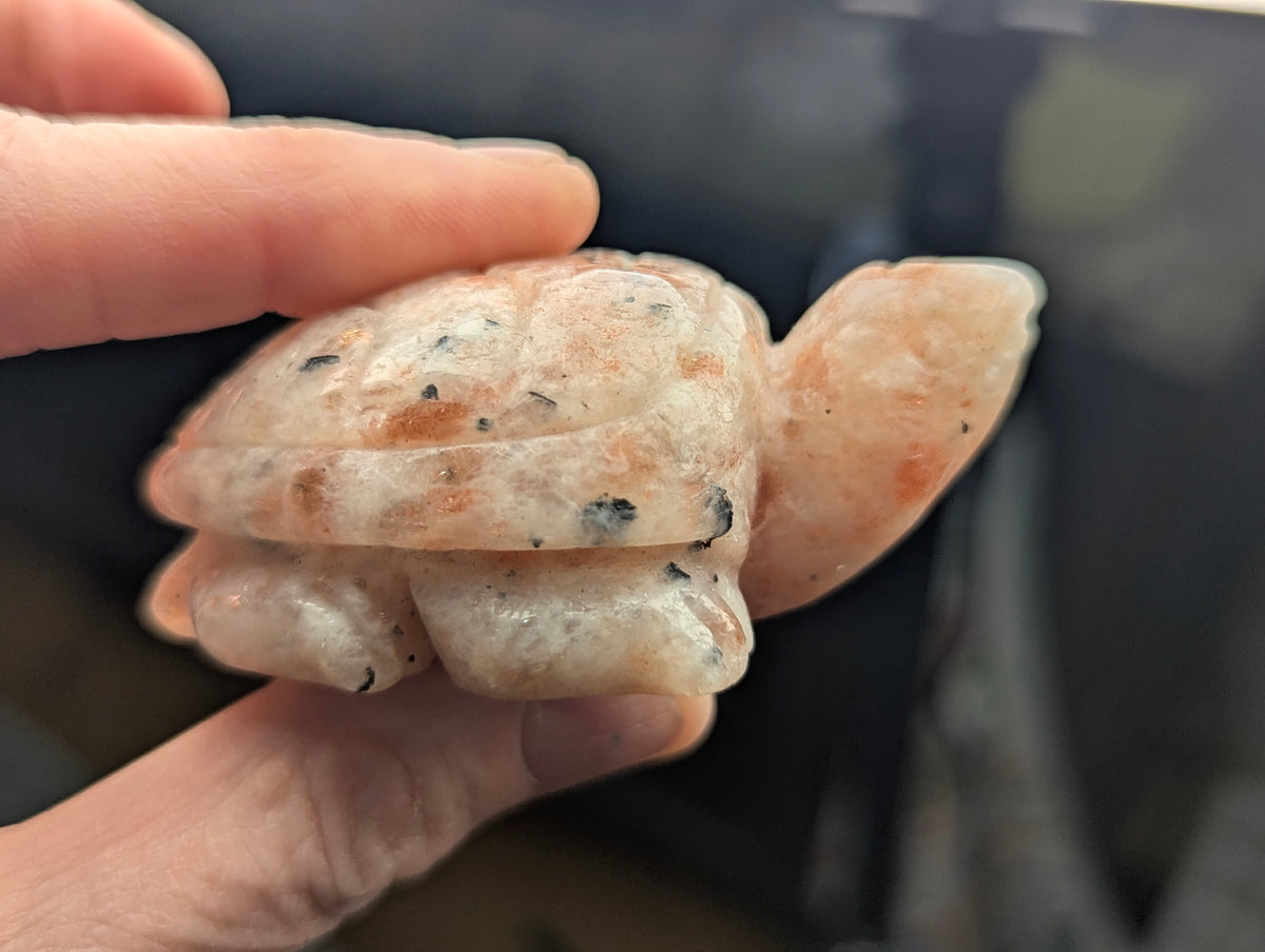 Side profile of a polished 60mm Sunstone turtle carving held between fingers, displaying peachy tones and natural dark mineral inclusions.