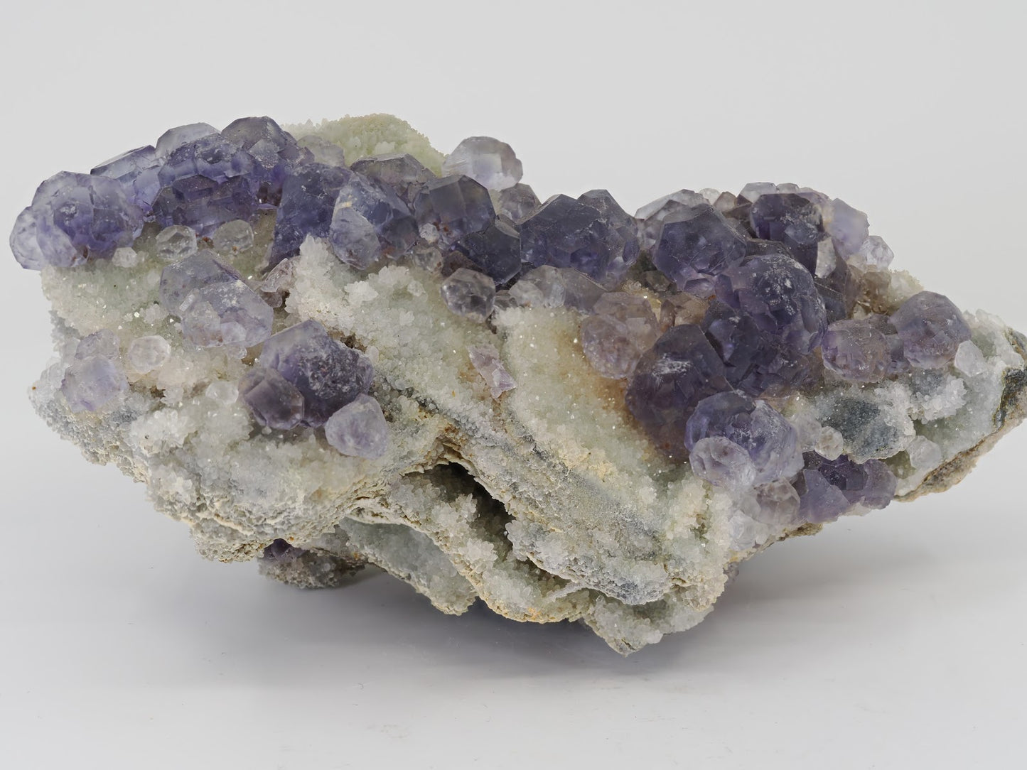 Angled display view of a Tanzanite Fluorite cluster showing the contrast between purple crystals and white matrix.