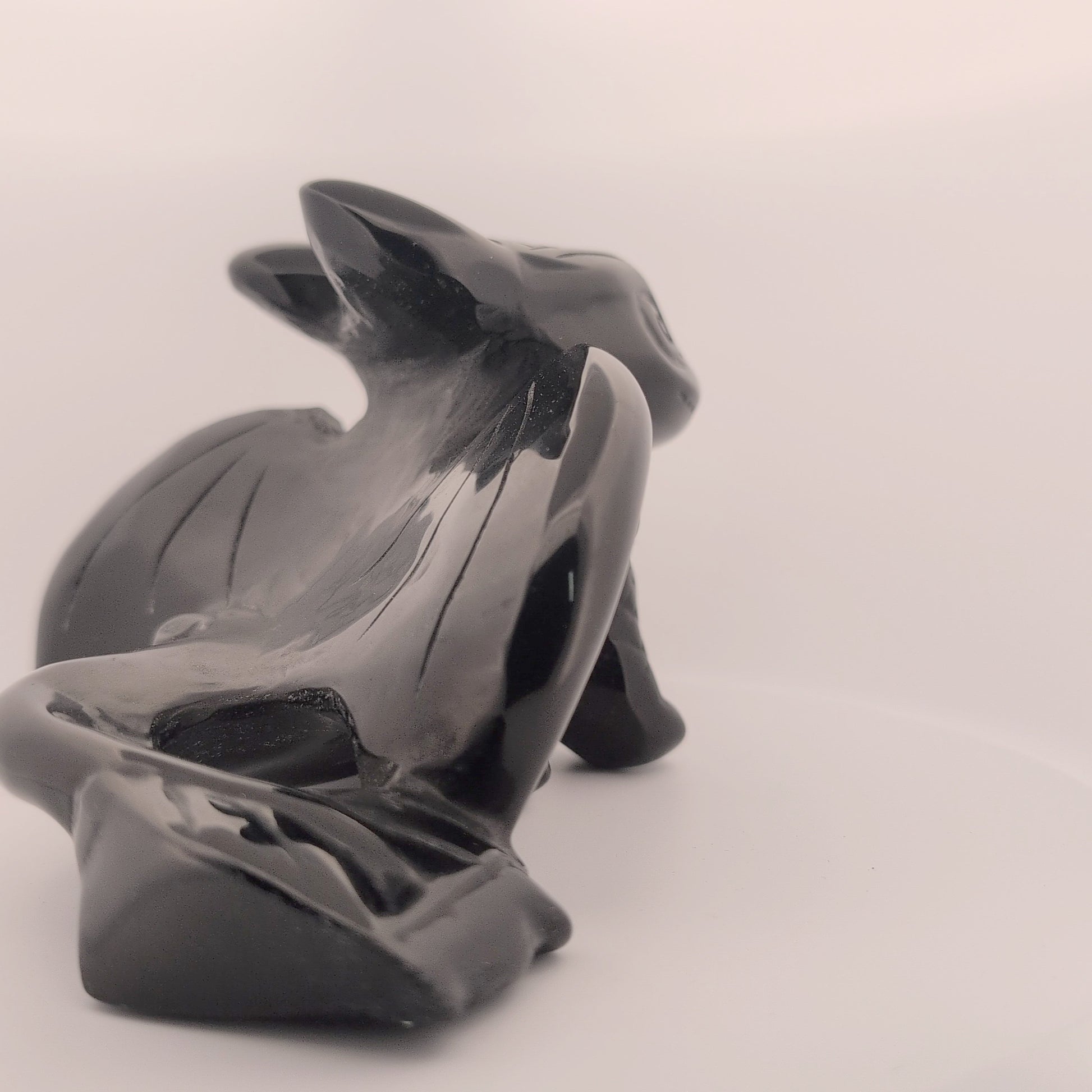 Rear view of Black Obsidian Toothless carving, polished tail and wings