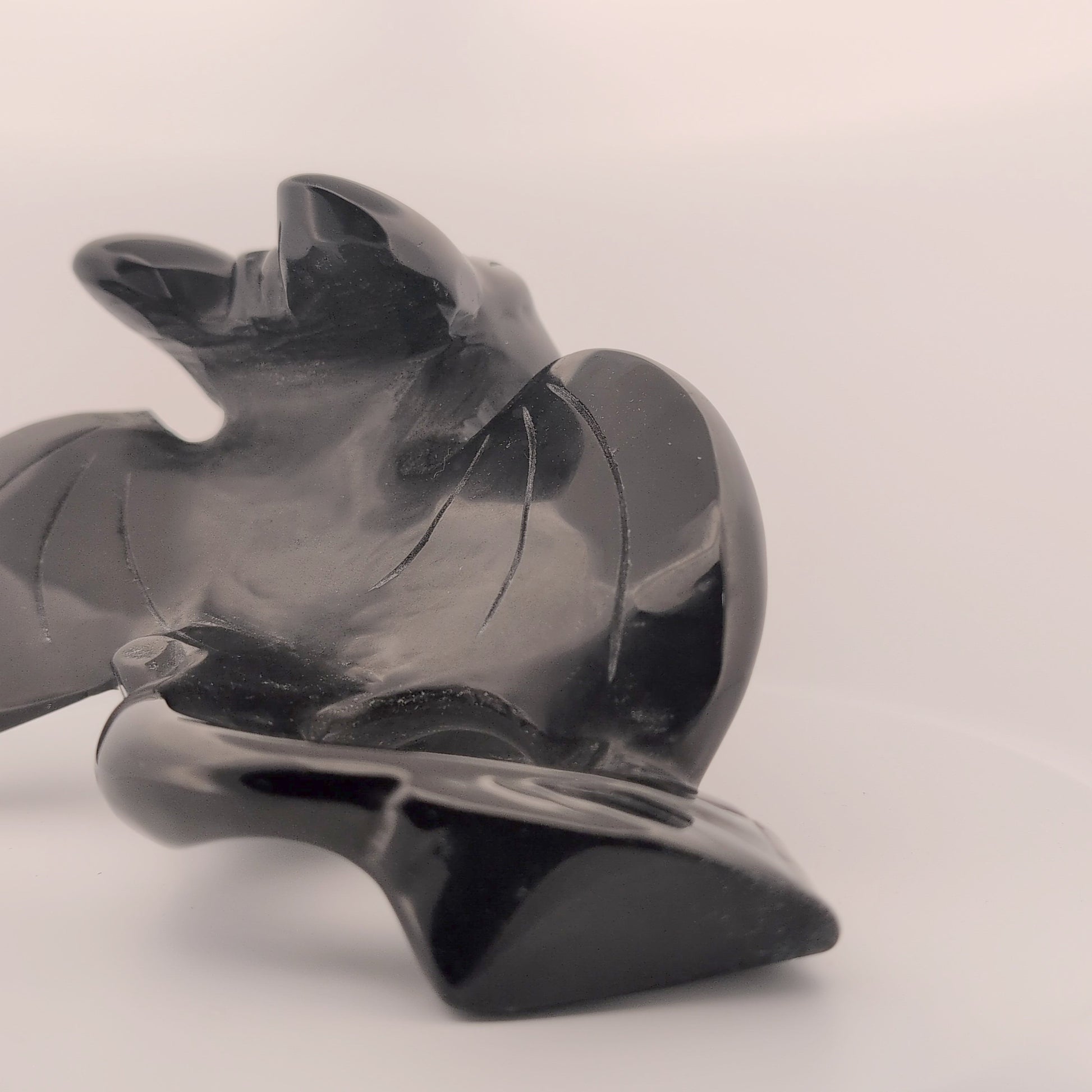 Rear view of Black Obsidian Toothless carving, polished tail and wings