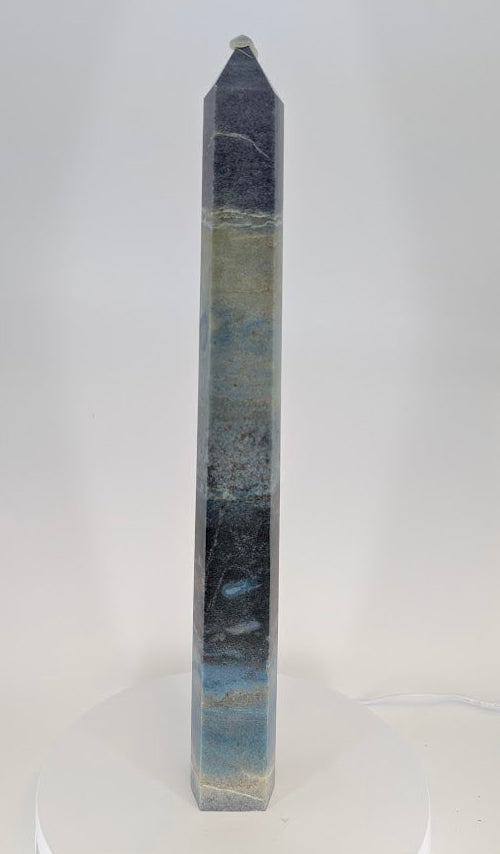 Front view of large 17-inch Brazilian Trollite tower showing blue-green zoning