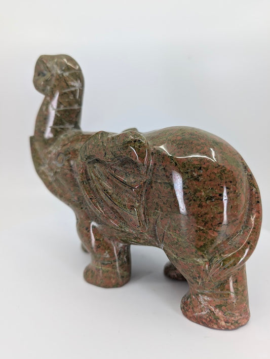 Left side view of Unakite elephant carving