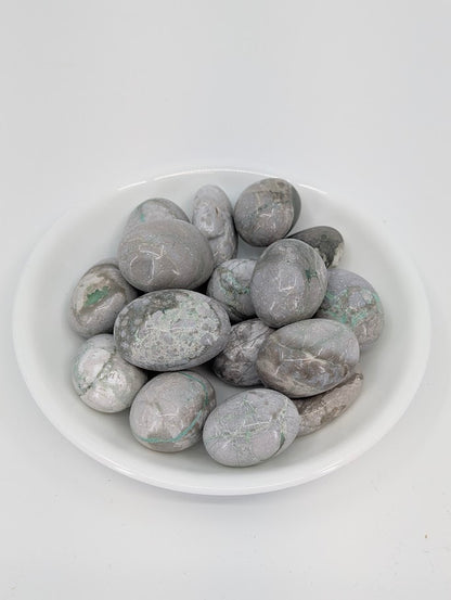 AA-grade Variscite tumbled stones displayed in bowl showing green and gray veining