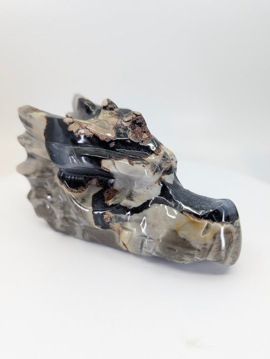 Front-side view of Volcano Agate Dragon Head Variant B, 525g, 12 × 6 × 7 cm