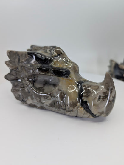 Front-side view of Volcano Agate Dragon Head Variant C, 625g, 13 × 6.5 × 7 cm