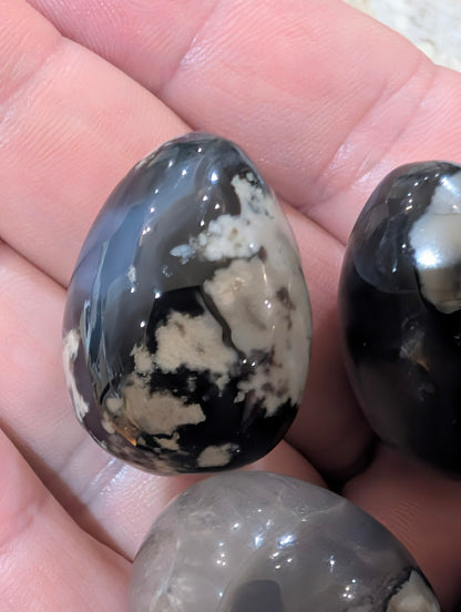 Group of four 1-inch Volcano Agate eggs from Madagascar in natural light showing grey and black plumes.