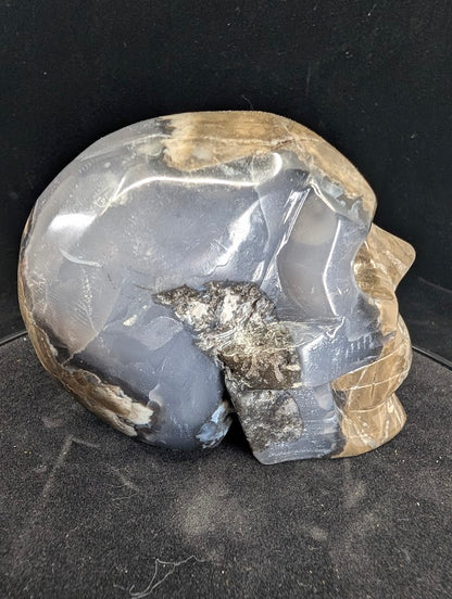 Left side view of Volcano Agate skull showing earthy tones