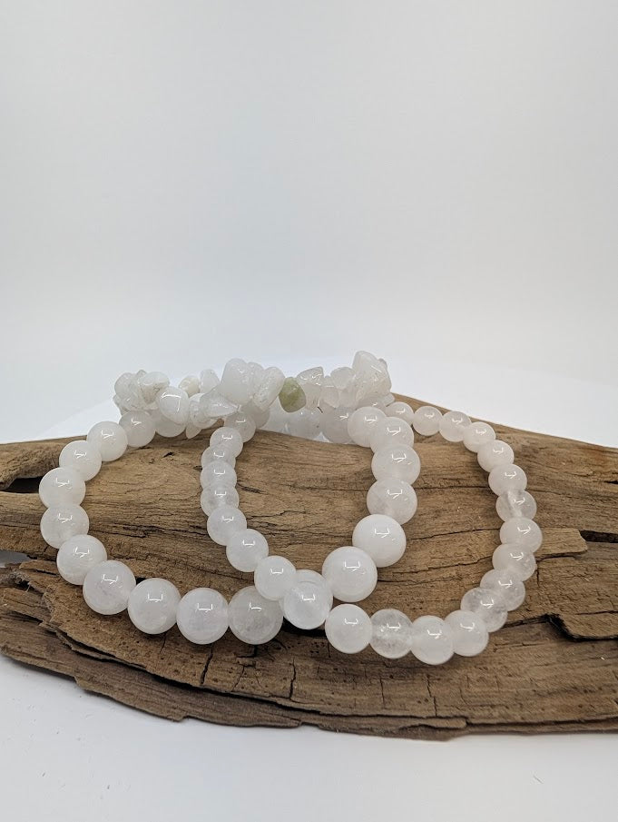 White Jade bracelets in chip, 6MM, and 8MM bead styles displayed together