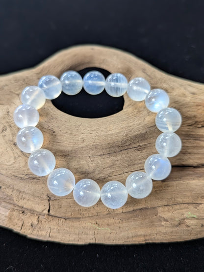 Large 12mm AAA Grade White Moonstone gemstone bracelet displayed beautifully on organic driftwood.