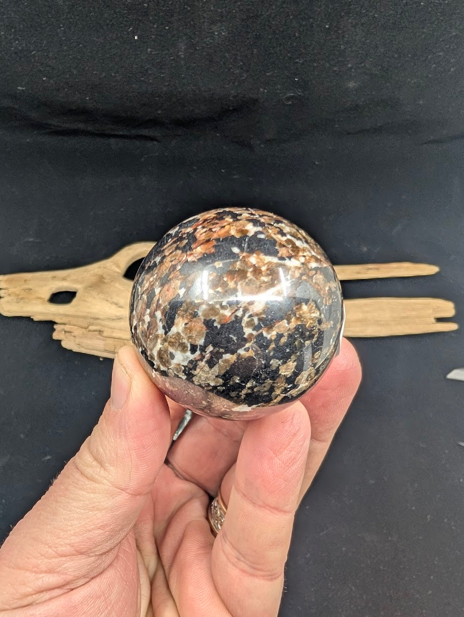 Hand holding Sphere B showing the contrast between the black metallic matrix and red mineral inclusions.
