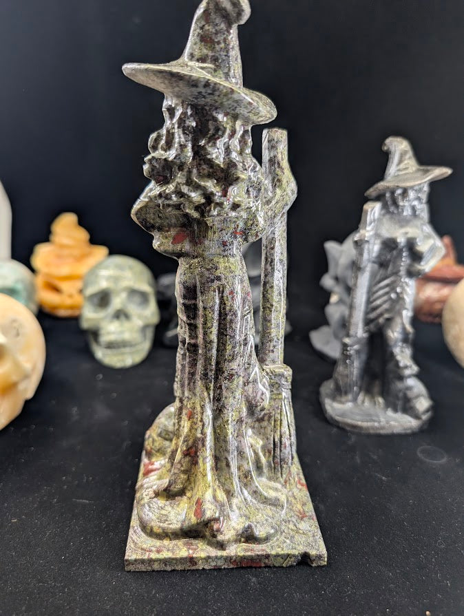 Dragon Blood Jasper Witch Carving – Back View highlighting natural stone patterns