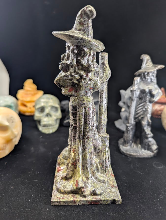 Dragon Blood Jasper Witch Carving – Close-up of broom and carved textures
