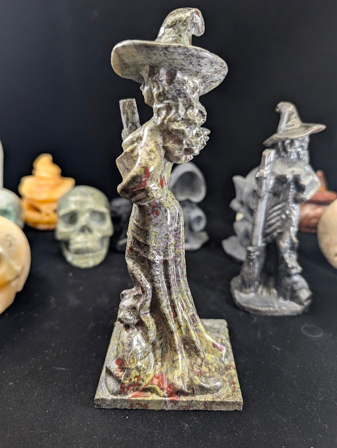 Dragon Blood Jasper Witch Carving – Side Profile showing hat and flowing robes