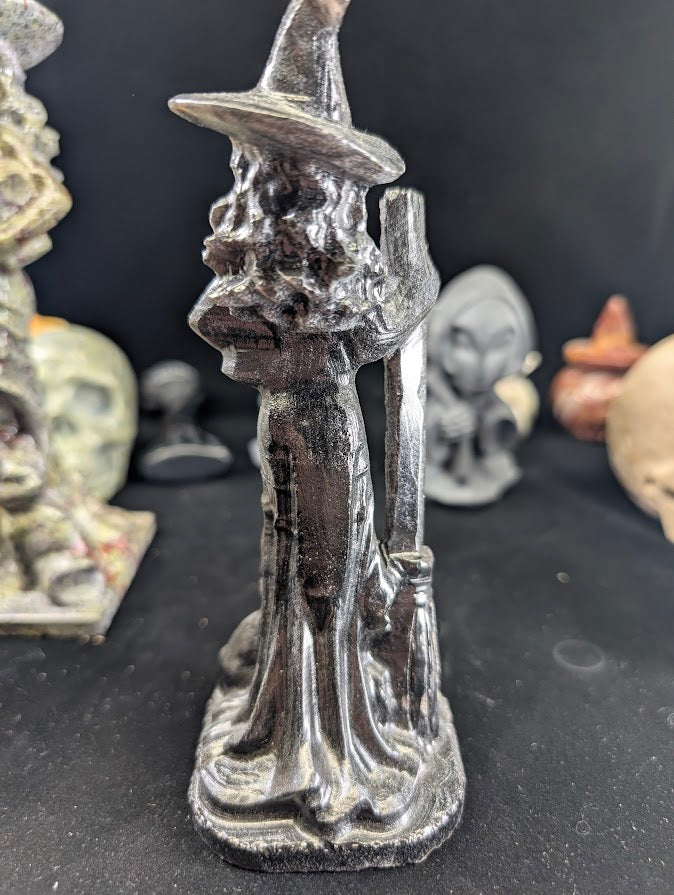 Silver Obsidian Witch Carving – Back View highlighting polished finish