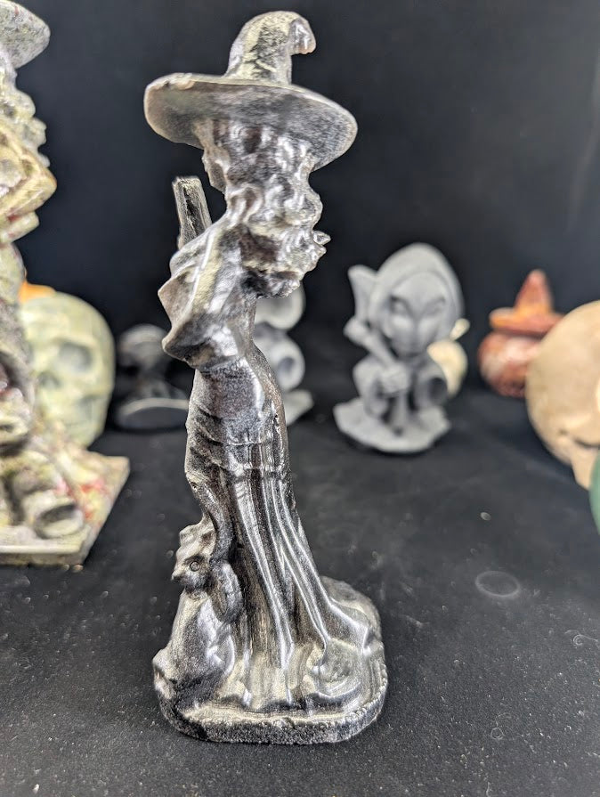 Silver Obsidian Witch Carving – Side Profile showing hat and robes