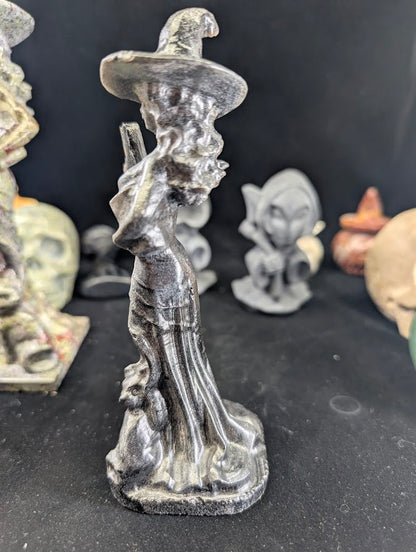 Silver Obsidian Witch Carving – Side Profile showing hat and robes