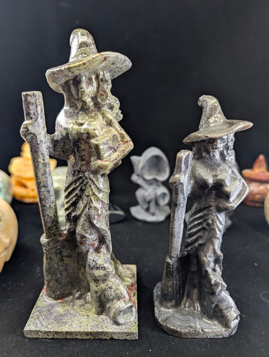 Witch Carvings – Front View with broom and cat