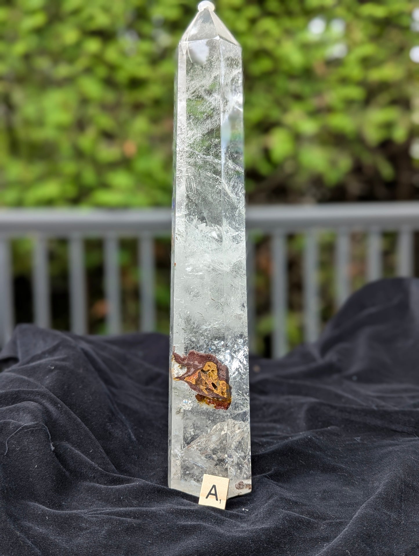 XL Garden Quartz Tower A standing upright with icy veils, clear quartz areas, and natural scenic inclusions