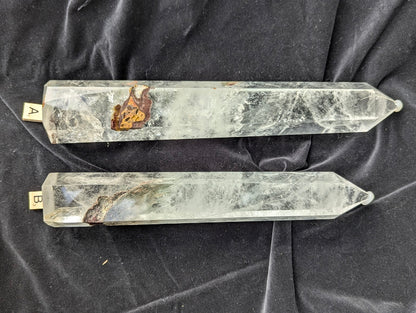 XL Garden Quartz Towers A and B laid side by side showing natural garden inclusions and polished faceted points