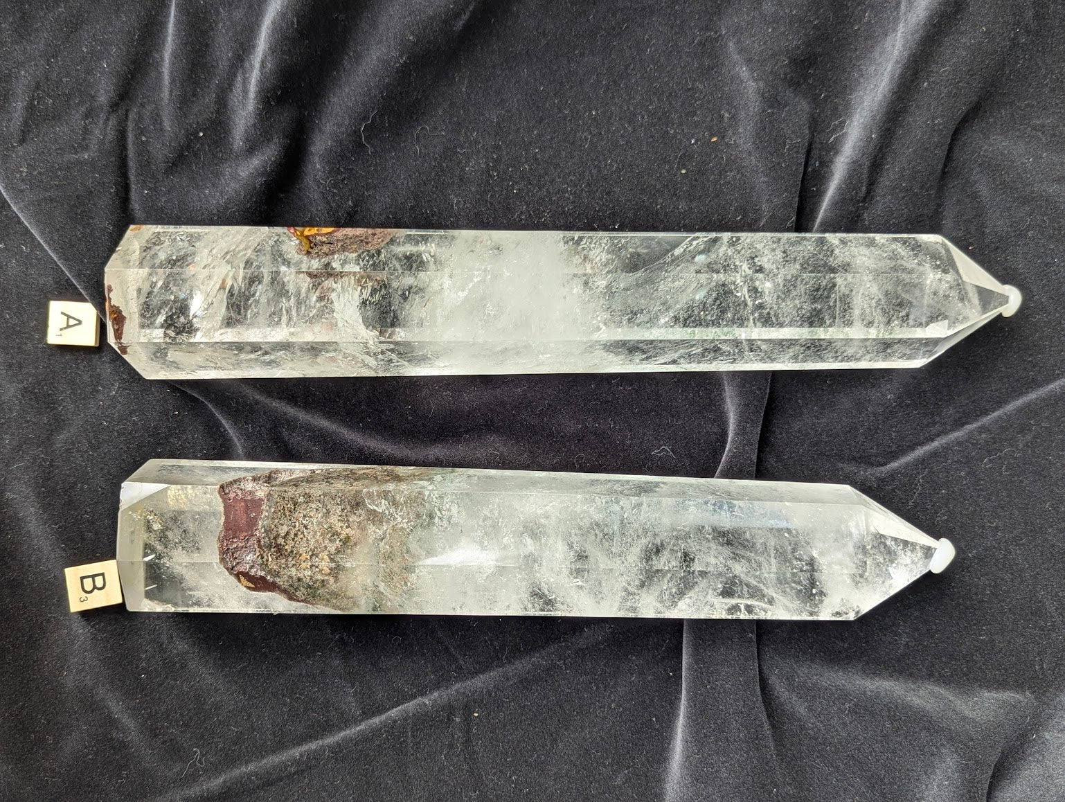 XL Garden Quartz Towers A and B side by side showing polished points, natural veils, and earthy mineral inclusions