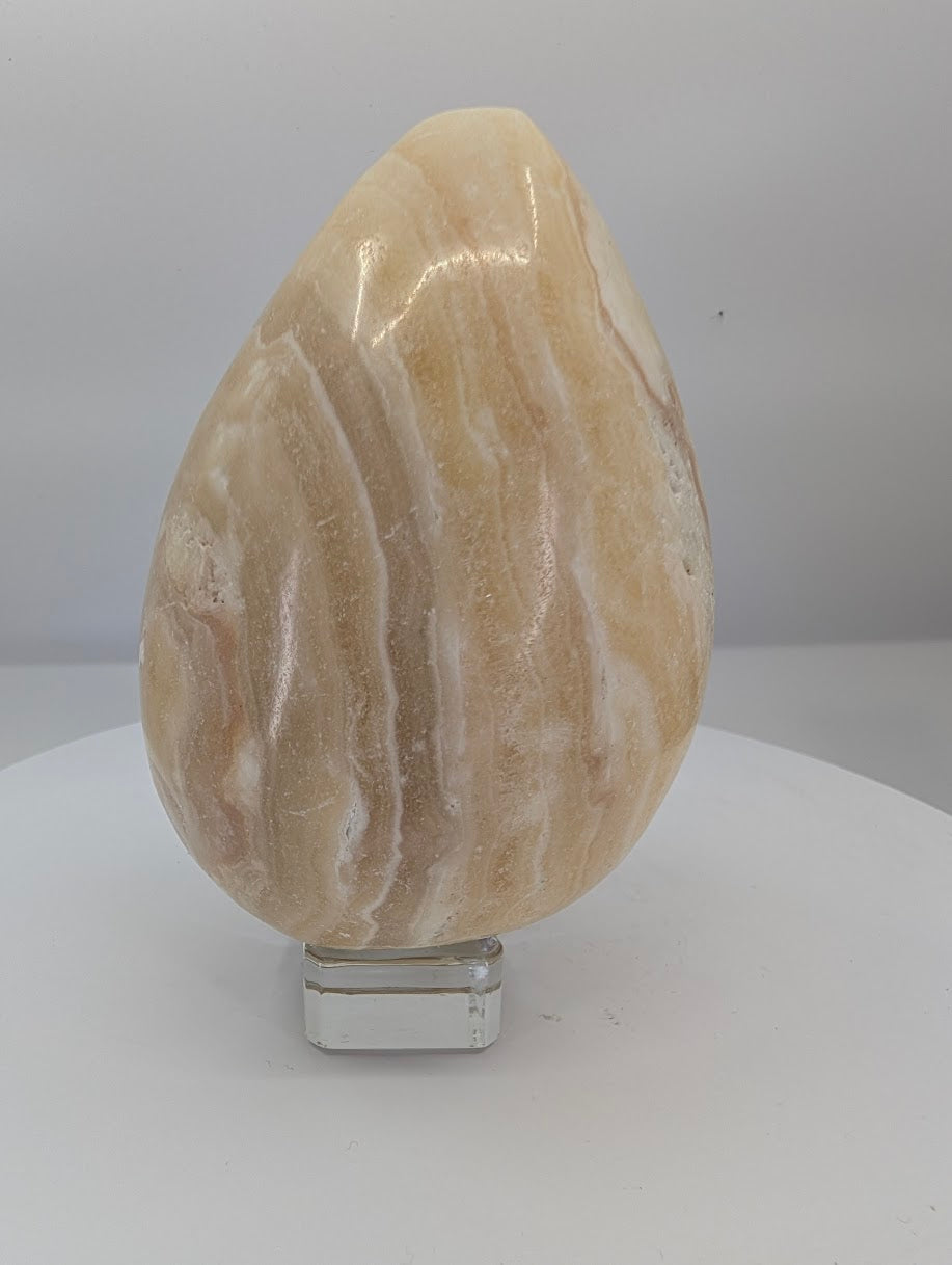 Back view of a large yellow calcite egg with creamy translucency and subtle zoning