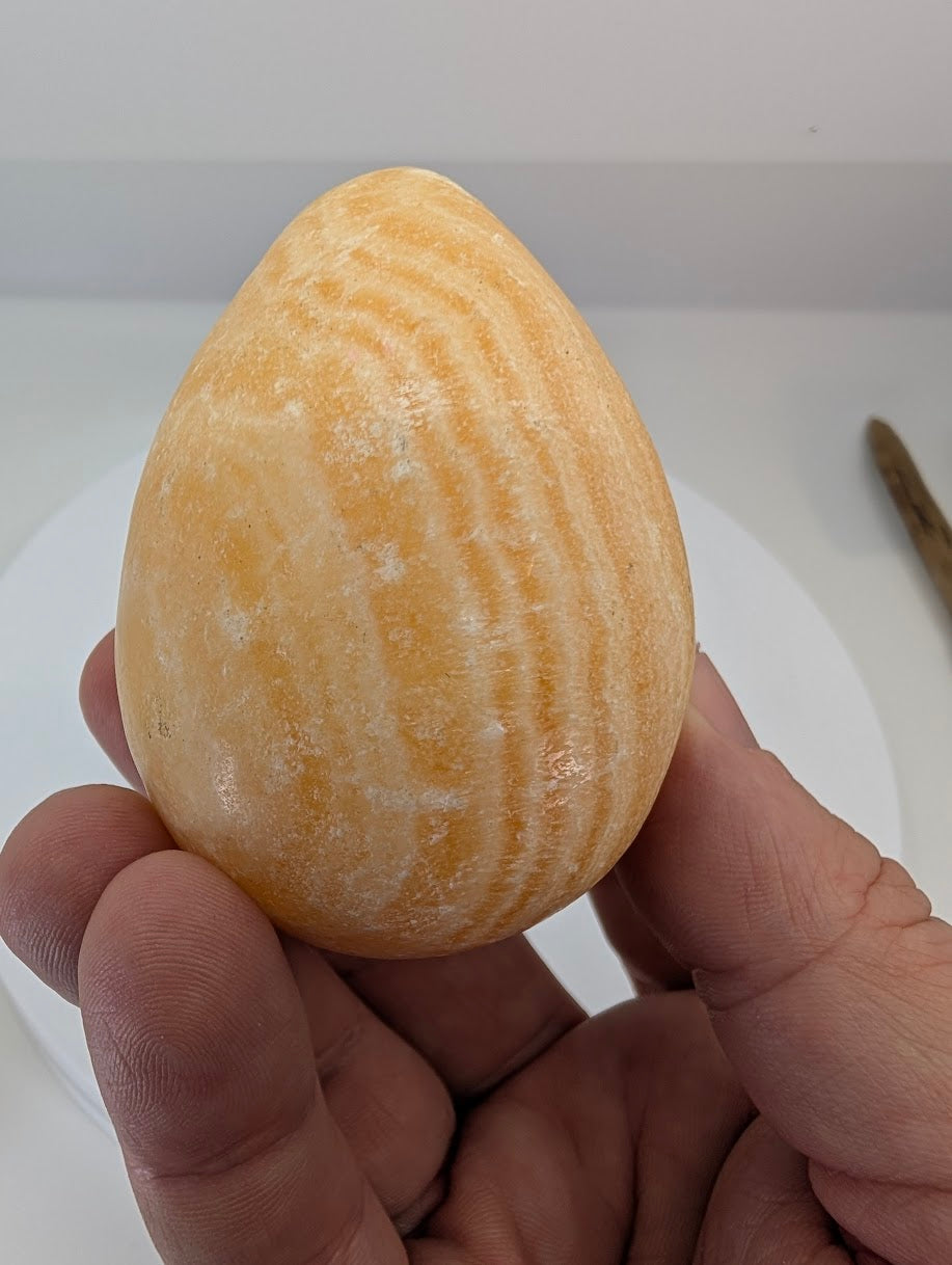 Side view of a polished yellow calcite egg showing soft translucency and organic mineral texture