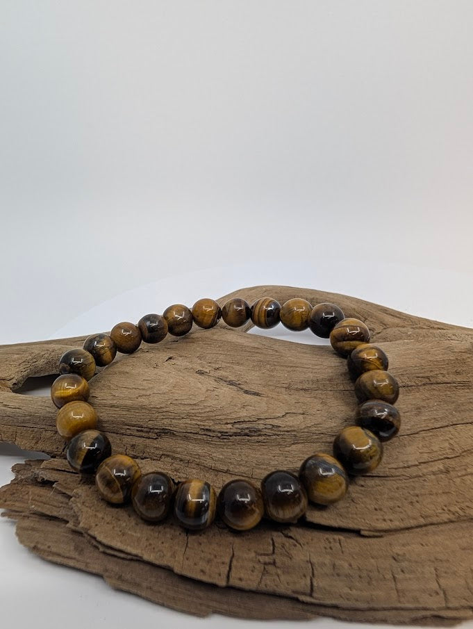 8MM Yellow Tiger Eye bracelet front view with golden chatoyant bands