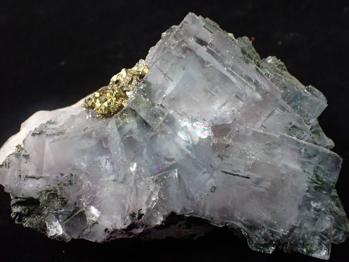 YGX Fluorite with Pyrite – Rare Transparent Fluorite Cluster with UV Glow (198g) - Legacy Crystals and Minerals