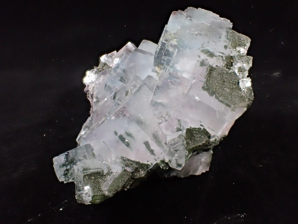 YGX Fluorite with Pyrite – Rare Transparent Fluorite Cluster with UV Glow (198g) - Legacy Crystals and Minerals